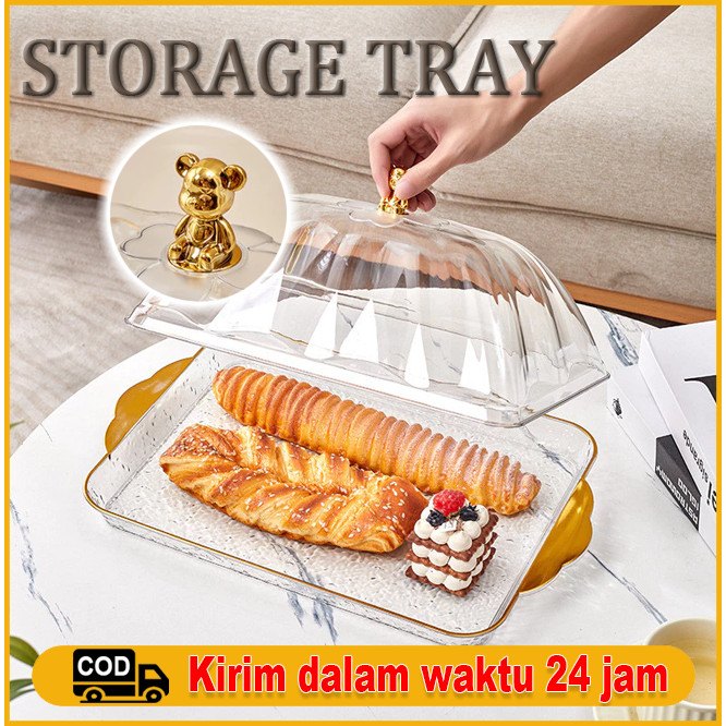 Food Tray Nampan Saji / Set Nampan Saji Dan Tutup Roti Emas / Transparan Aesthetic Dengan Tutup Wada