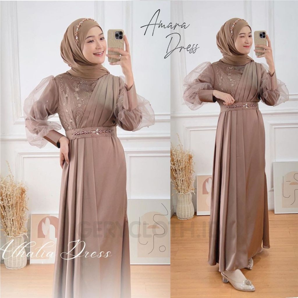 Amara Dress  Gamis Muslimah Premium Kekinian Modern  Gamis Silk Satin Mewah Bridesmaid (Gery)