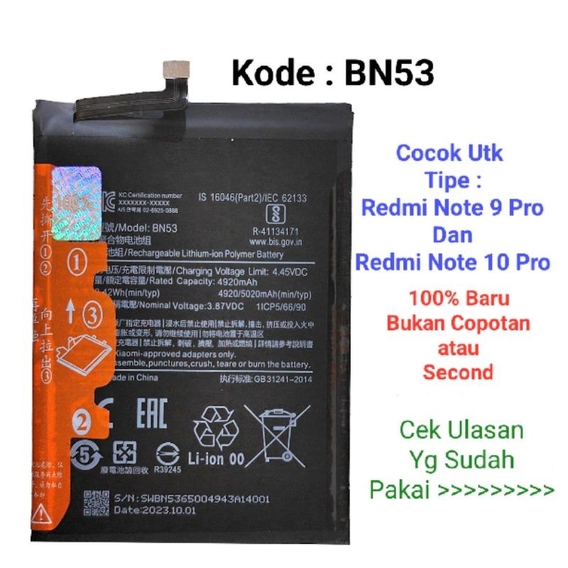 Baterai Batrai Redmi Note 9 Pro / Redmi Note 10 Pro BN53 Original Batre Battery