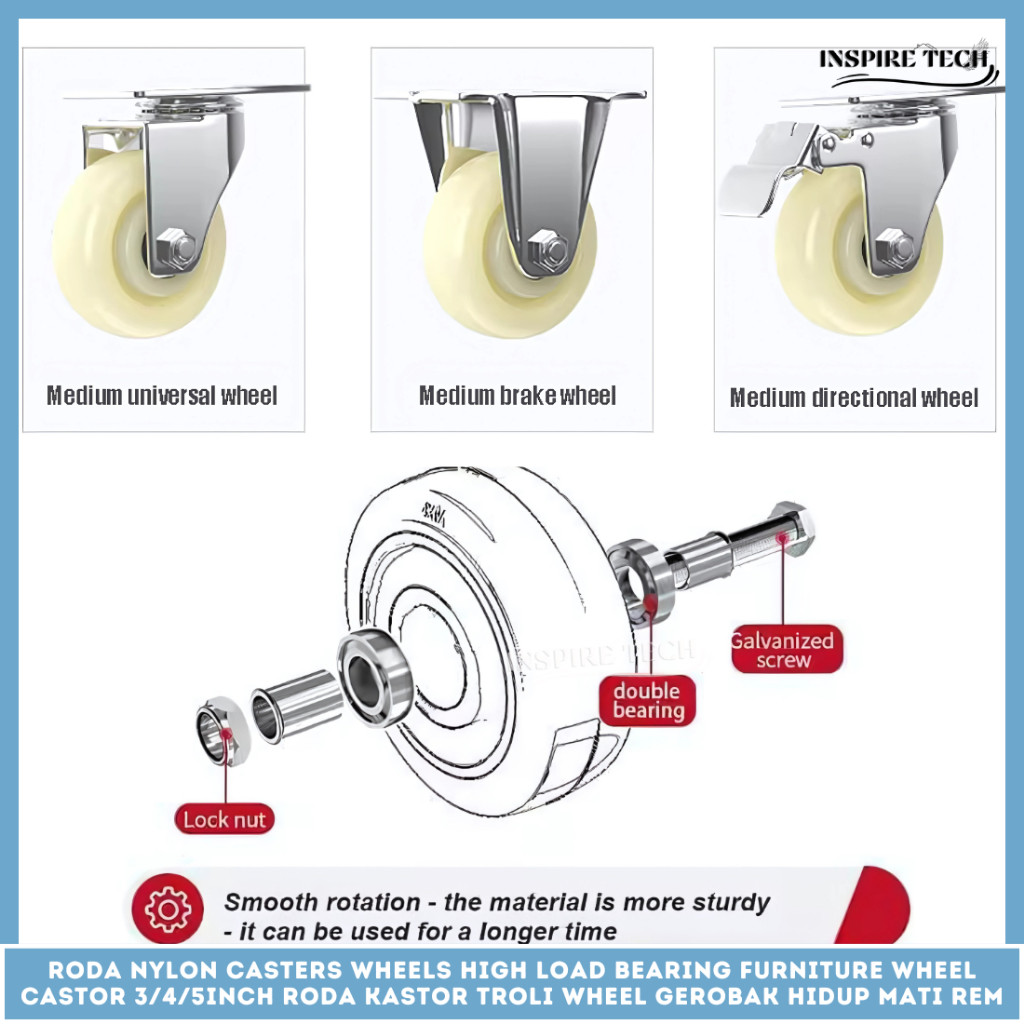 JAMIN MURAH Roda NYLON Caster SET HIDUP - MATI 4PCS Medium Duty +Bearing Roda Kastor Troli Wheel Ger