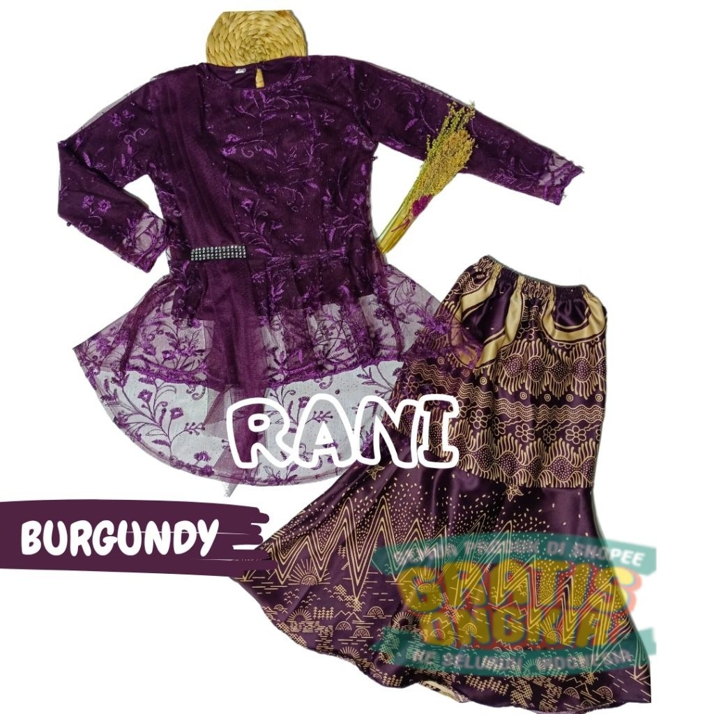 Setelan Kebaya anak modern selendang baju brukat lengan panjang rok duyung wisuda tk sd marun/ pakai