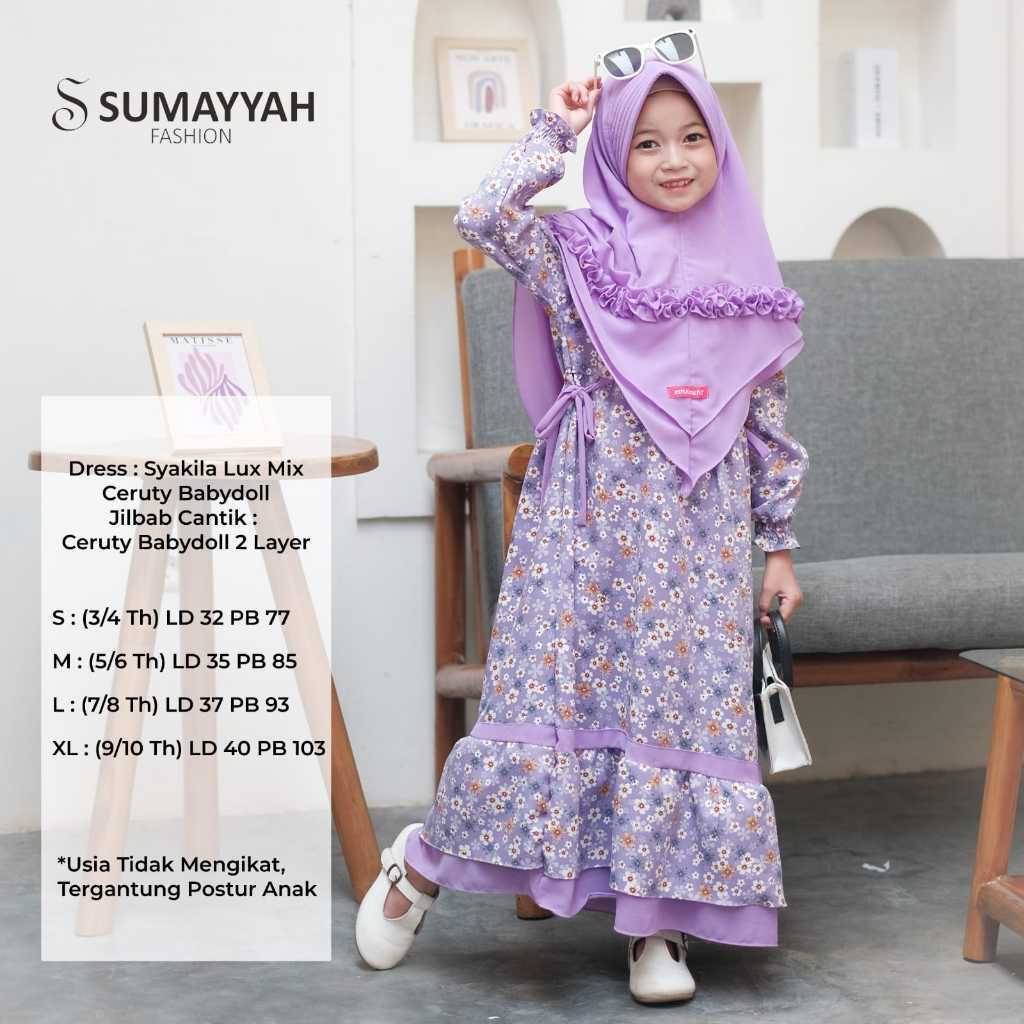 MACIAS_ Gamis Dress Muslimah Anak Khumaero Syar'i Bahan Shakila Motif Bunga Set Plus Jilbab Ceruty B
