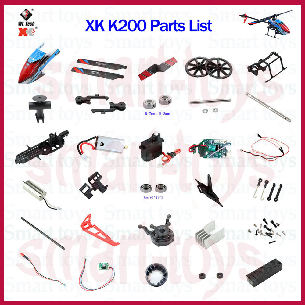 WLtoys XK K200 RC Helicopter parts Canopy Gear Motor Engine Tail Pipe Rotor head Seat Receiver Servo