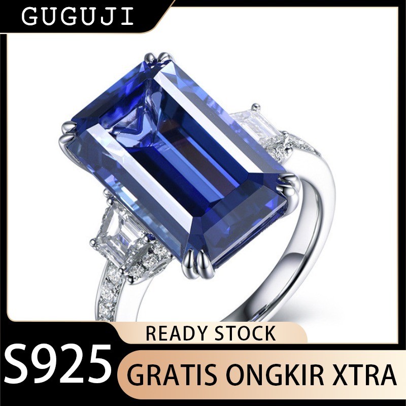 GUGUJI Cincin Terbuka Persegi Panjang Elegan Tinggi Baru dengan Simulasi Tanzanite Safir Perhiasan C
