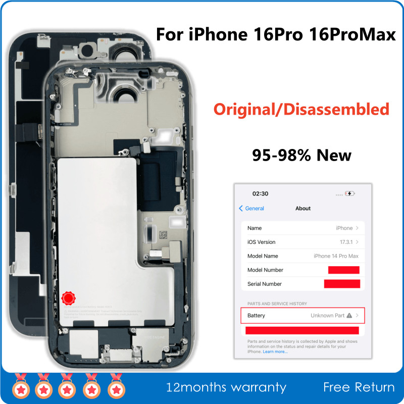 95% New, Original sassembled Middle Frame Housing Back Glass Cover For iPhone 16Pro Max, with Batter