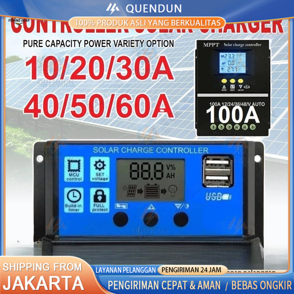 Solar Charge Controller LCD LED Display Solar Cell PWM 12V 24V 10A 20A 30A 50A 60A USB Panel Tenaga 