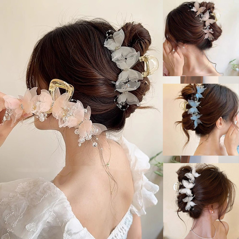 Jepit Rambut Jaring Payet Bunga Besar Untuk Sanggul Belakang Wanita Manis