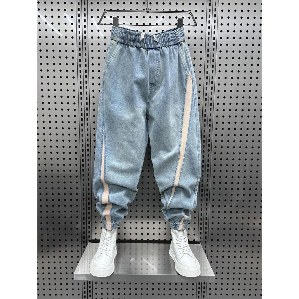 Celana pria baru bergaris kontras overall pria trend legging celana jeans serut