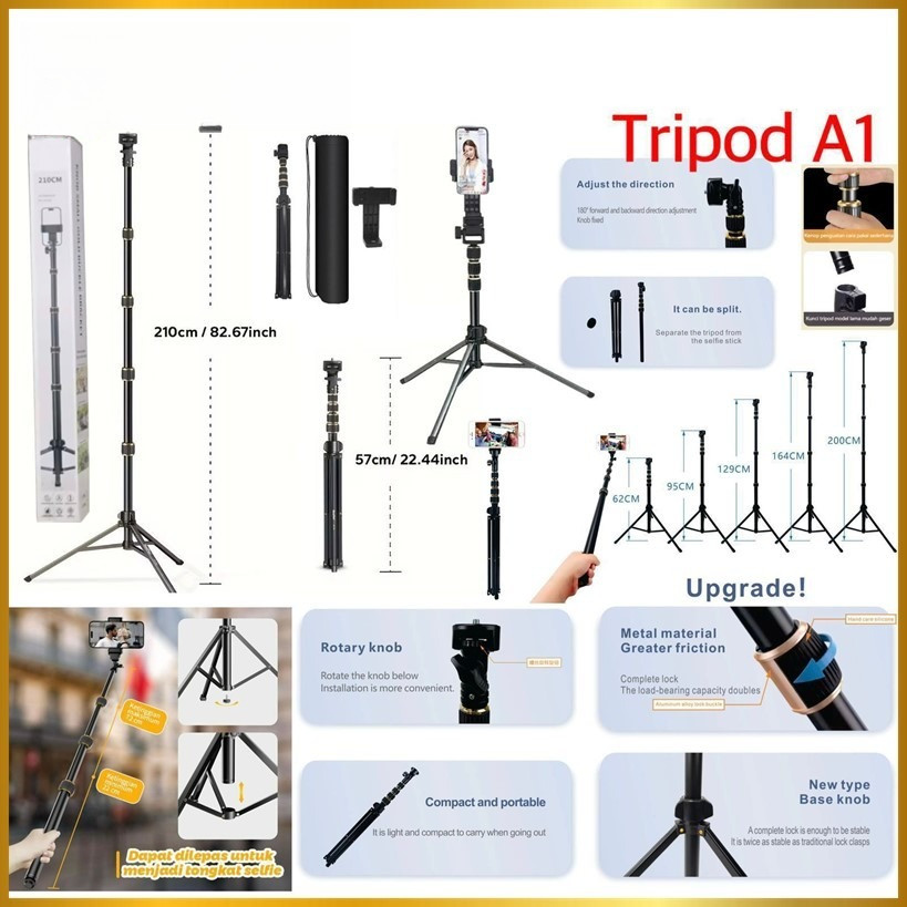 PREMIUM TRIPOD 2IN1 A1 + HOLDER PUTAR + TAS TRIPOT TINGGI 2,1 METER TONGKAT HP BERDIRI BESI 210CM
