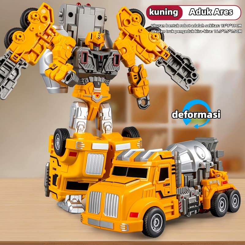 VIVI Mainan Robot Transformer Truk Mixer 2 in 1, Mainan Anak Laki-laki Mobil Konstruksi Bisa Berubah