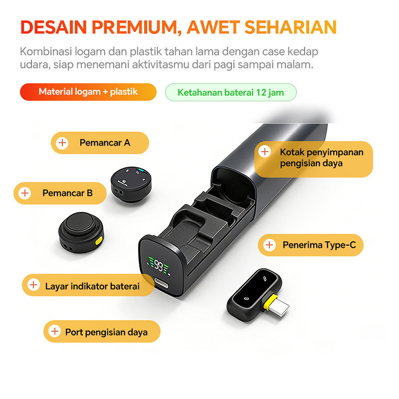Mic Lavalier Mini Wireless USB C 2.4G TWS dengan Noise Cancelling AI, Ultralight, Auto Connect, Dela