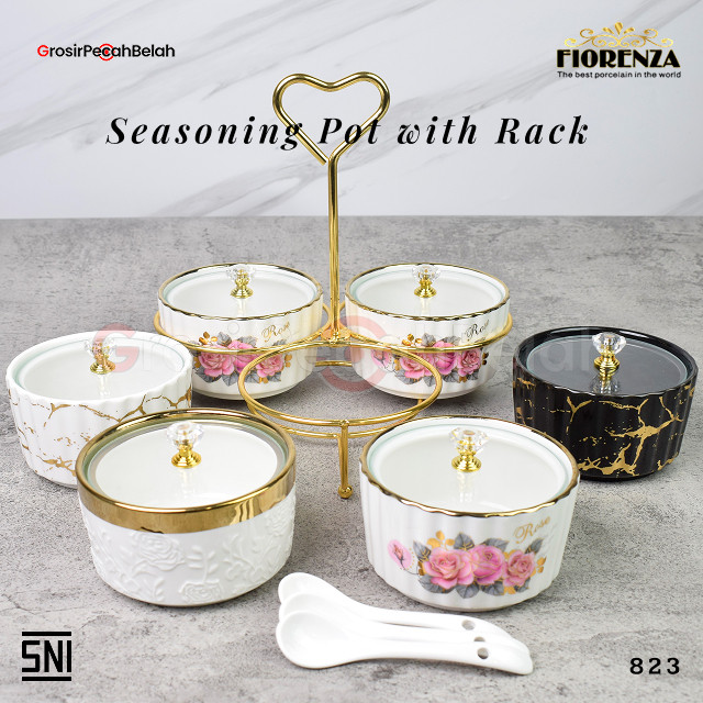 Tempat Bumbu Keramik Rak Set Porselain Motif Linning Gold Marble Putih Marble Hitam Fiorenza 823