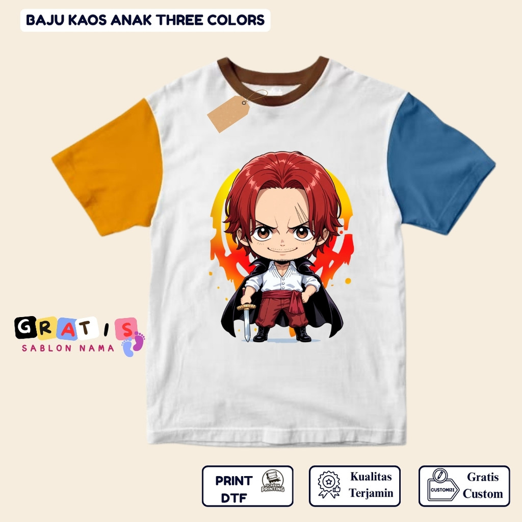 Baju Anak Anime Shanks One Piece - Kaos 3 Warna Kombinasi Free Sablon Nama Custom Satuan Bahan Katun