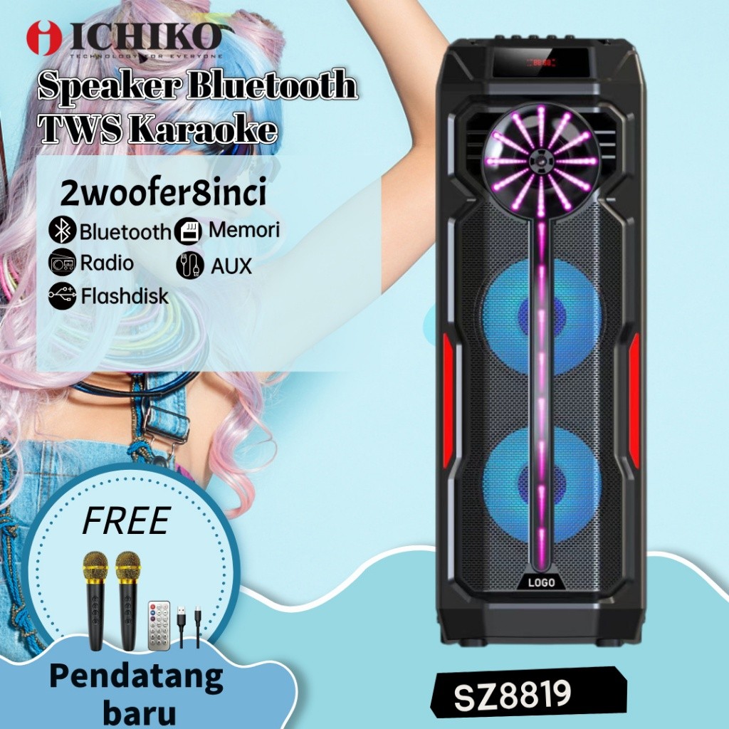 ICHIKO 8inci Speaker Bluetooth Karaoke Protable Super Bass Wireless Musik Box Full Bass Salon SZ-881