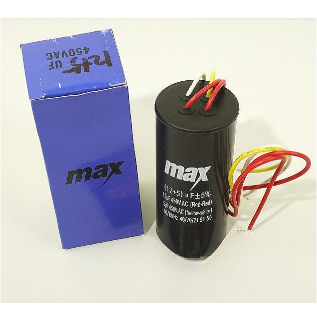 MAX KAPASITOR DUA KABEL NILAI 12+5 UF 12UF + 5UF CAPASITOR MESIN CUCI, MESIN AIR DAYA 450V 450 VOLT 