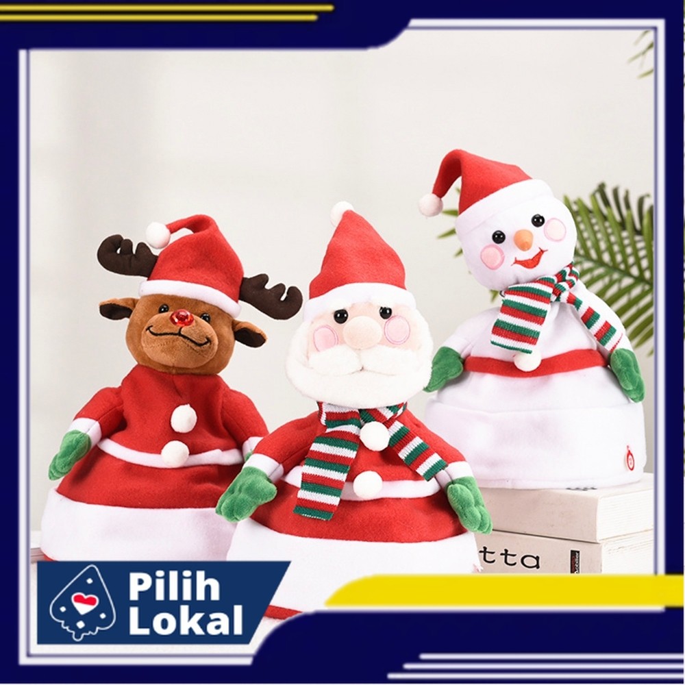 Boneka Topi Natal Gerak Lampu Musik Dancing Singing Kado Aksesoris Topi Anak Dewasa Ornament Natal