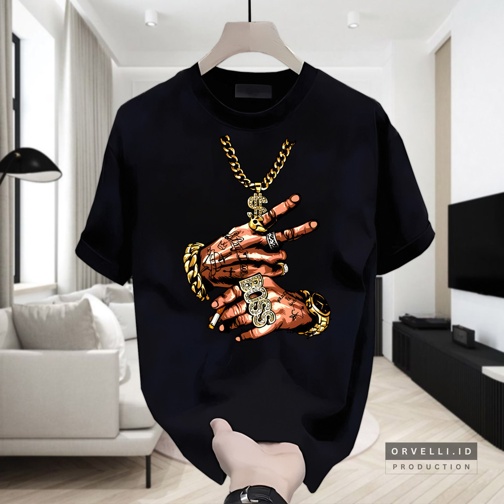 T-Shirt Cowok Trendy Atasan Streetwear Gambar Tato Tangan Boss Gold Pakaian Cowok Keren Material Kat