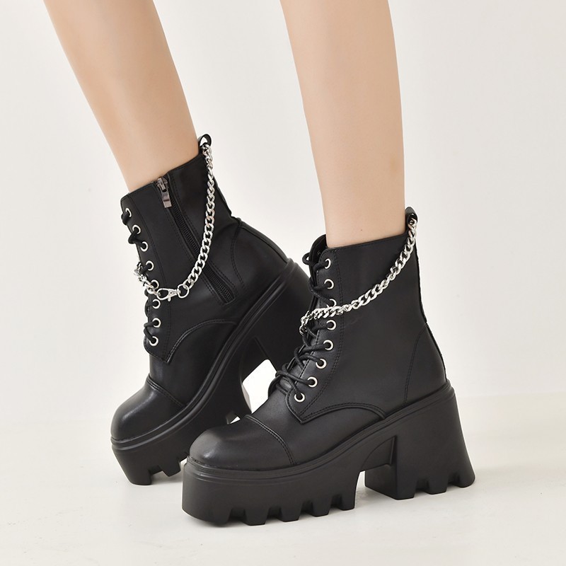 20212023 European and American Style Chain Large Size Thick Sole British Style Black Martin Boots Wo