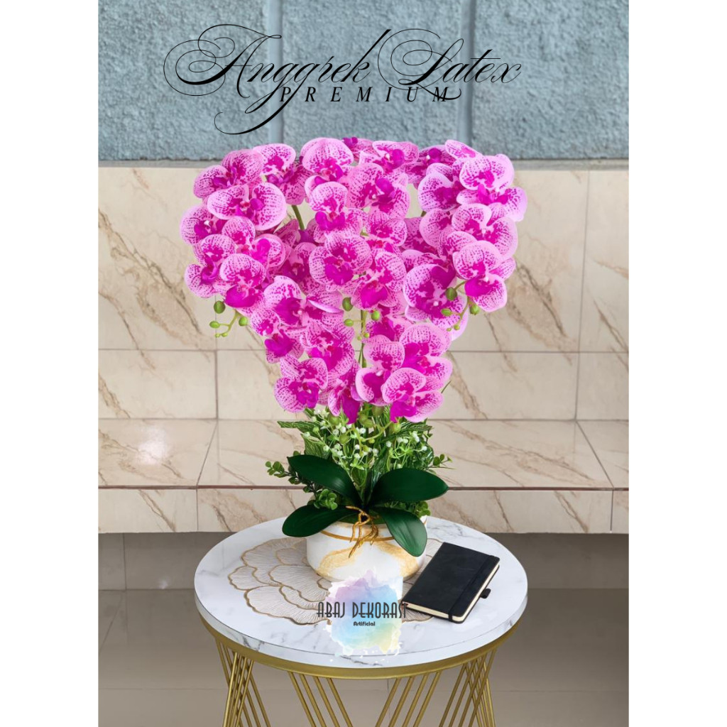 Bunga Anggrek latex artificial jumbo 5 tangakai hiasan ruang tamu premium plus pot mewah