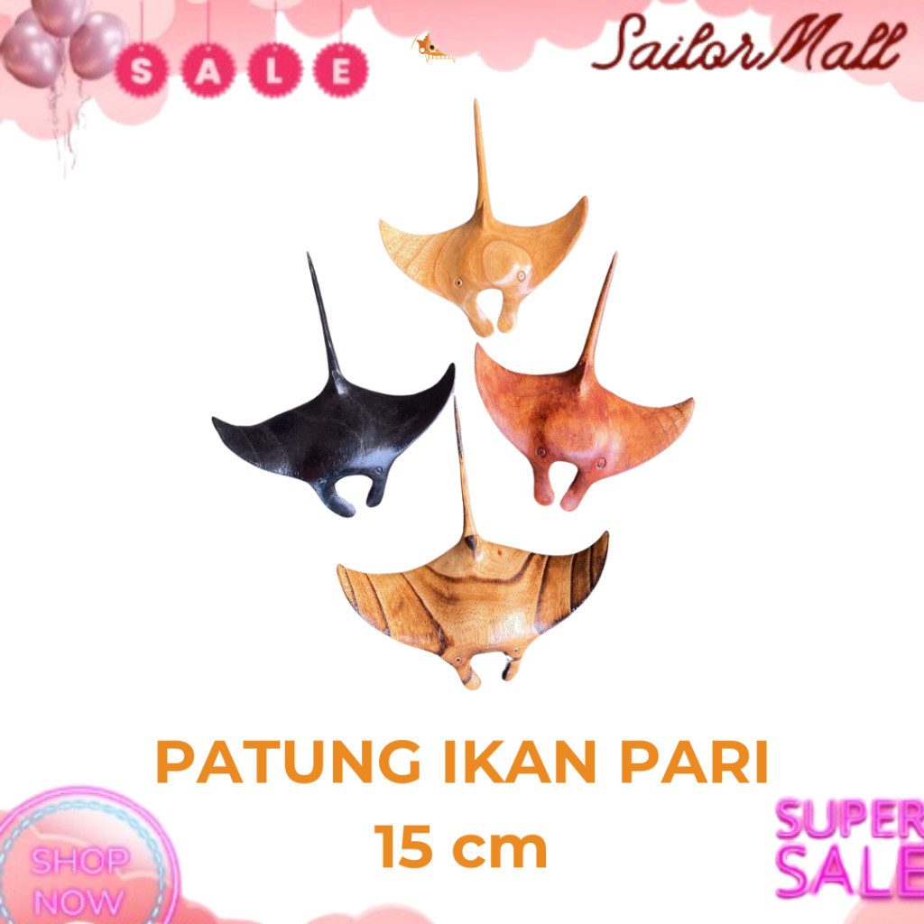 Patung Ikan Pari Kayu Ukuran 15 cm - Dekorasi Ikan Pari - Patung Kayu - Hiasan Ikan Pari - Hiasan Aq