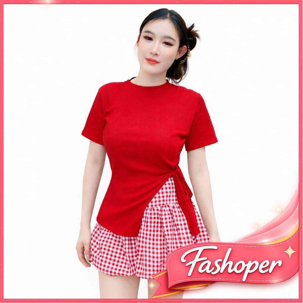 Fashoper Setelan Rok Pendek Wanita Korea One Set Top + Rok Kotak-Kotak Outfit Bangkok Sexy Cute Baju
