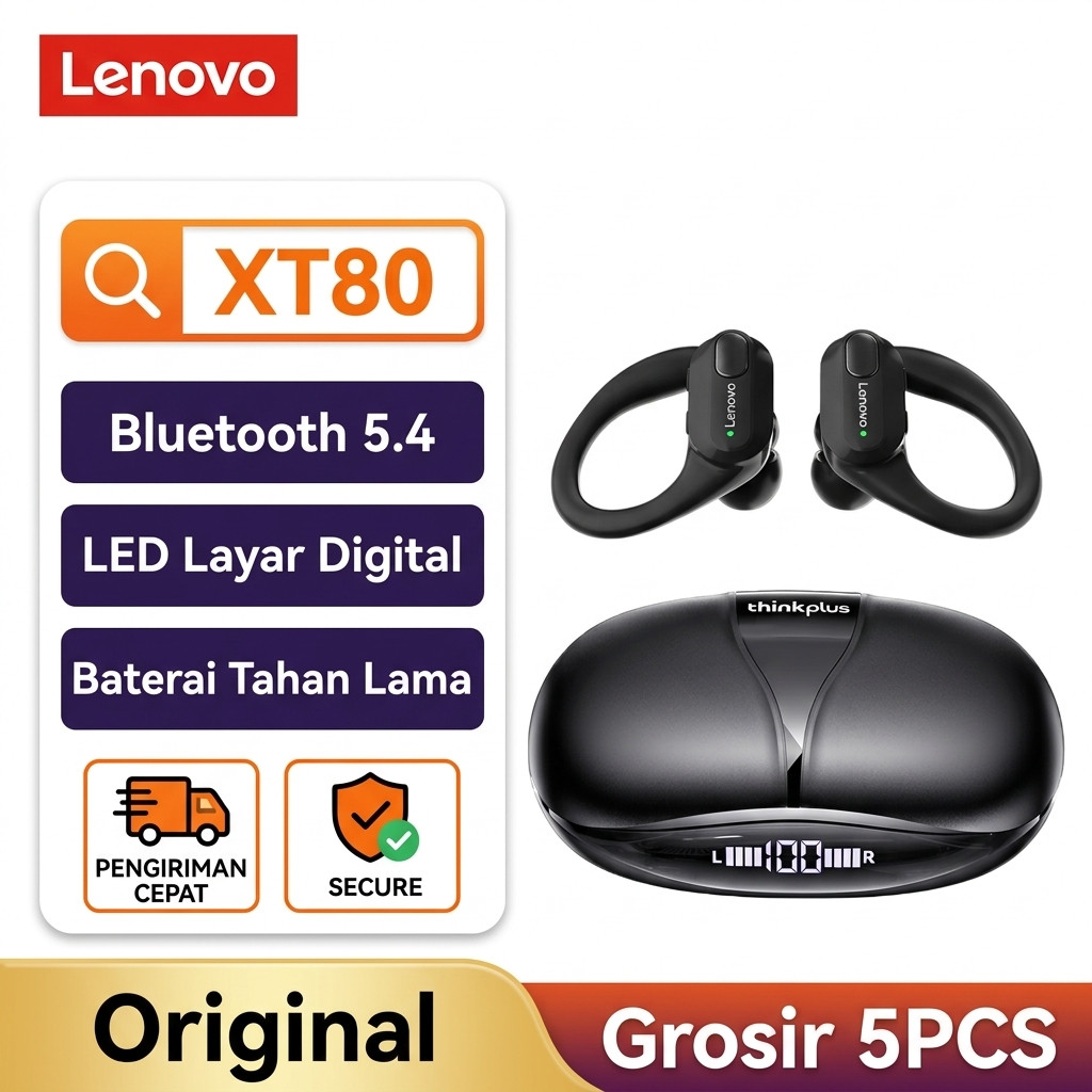 Lenovo ThinkPlus XT80 Earphone Bluetooth Gaming, Bisa Terima Panggilan Tanpa Henti Game, Garansi 1 T