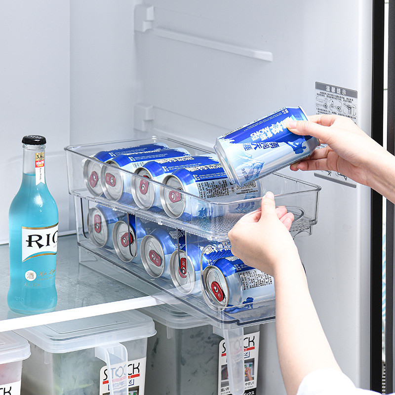 Refrigerator Drink Storage Box 2-layers Self-rolling Plastic Fridge Beer Can Beverage Organizer Soda