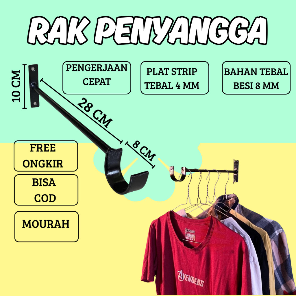 siku besi penyangga jemuran baju tempel dinding. gantungan hanger serbaguna