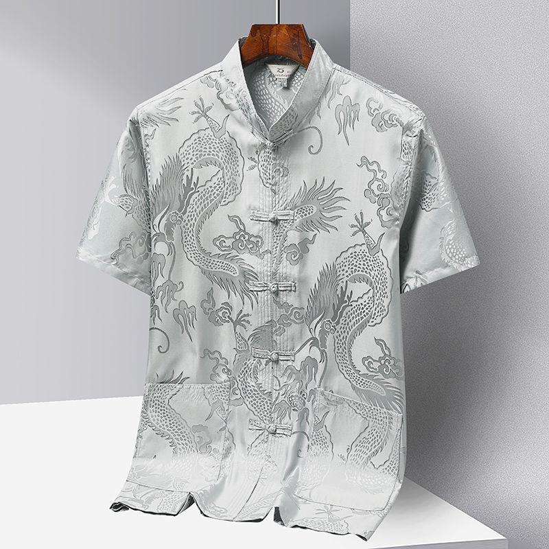 Kemeja Lengan Pendek Sutra Es Pria Dinasti Tang - Kakek Hanfu China Baru