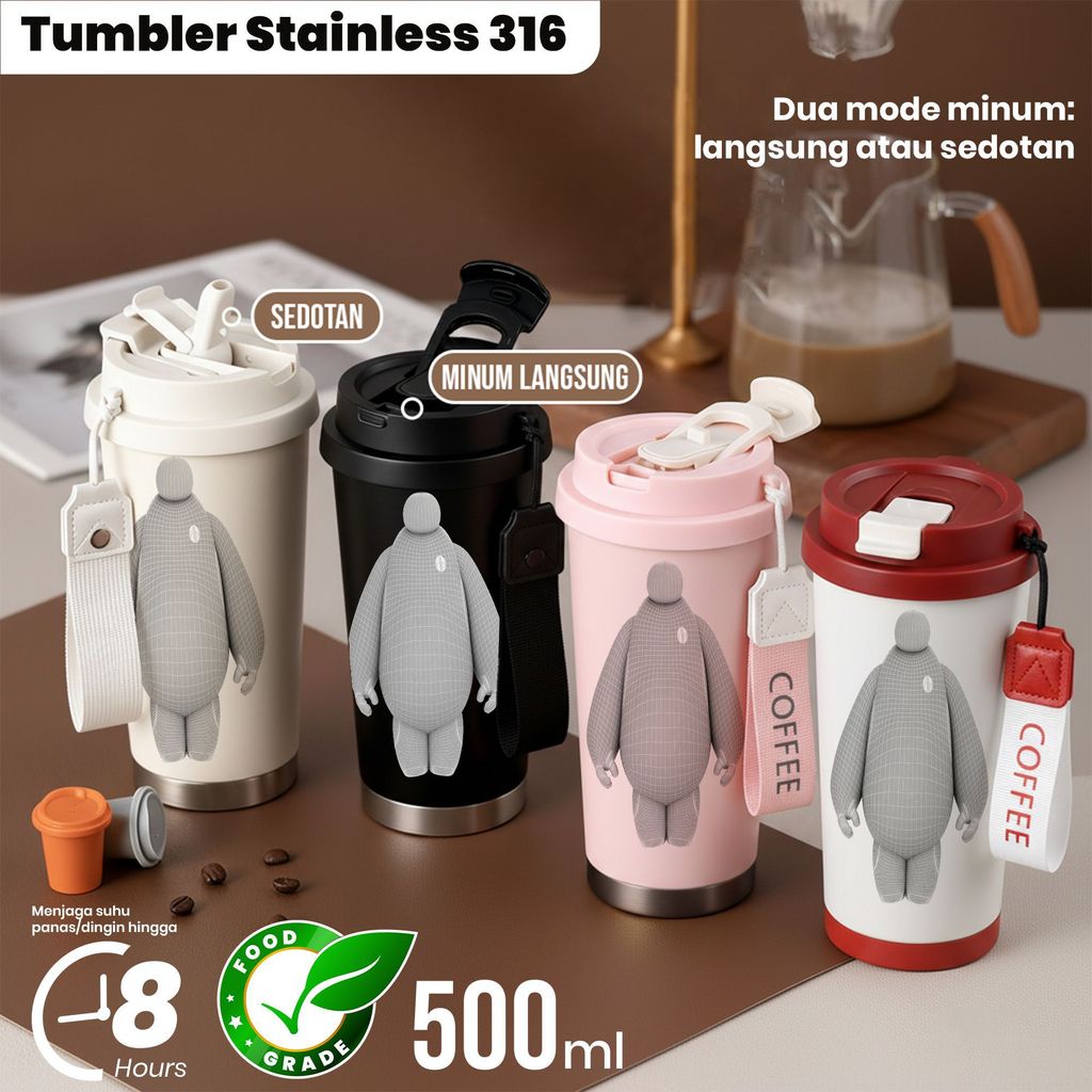 Tumbler Stainless 304 500ml Minum Berdua Mode Sedotan atau Langsung Karakter Baymax Motif Warna Puti
