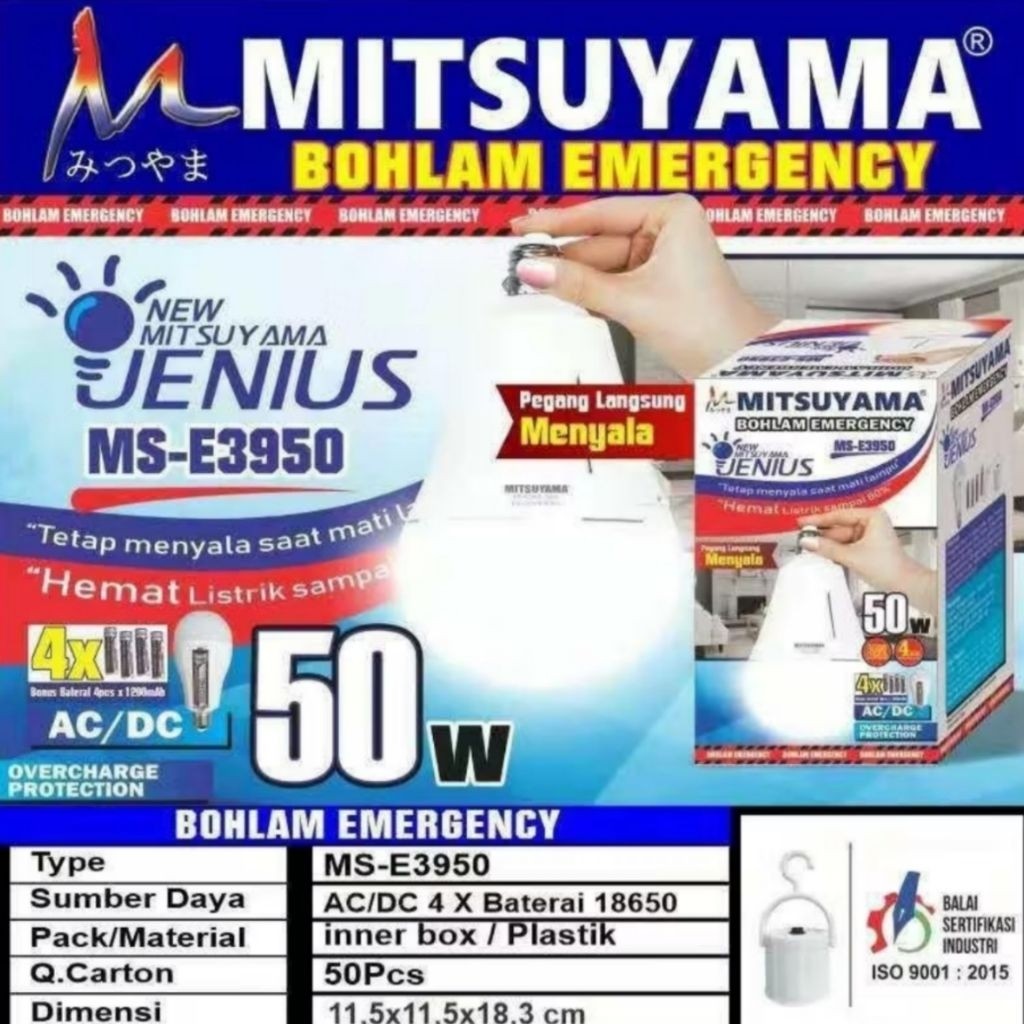 Lampu EMERGENCY Bohlam Jenius 50 Watt LED Otomatis Mitsuyama Emergency MS-E3950