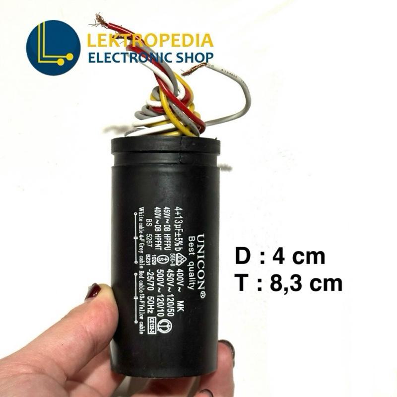 Kapasitor AC 7+10uf UNICON 400v Bulat Soket uf mikro 7 + / 10 uf 3 kaki mikro Capacitor aluminium 7+