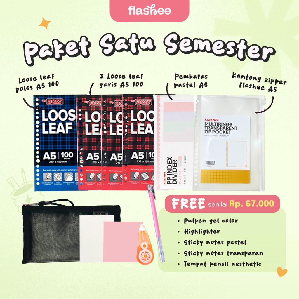Flashee Loose Leaf Paket Isi Ulang Binder A5 1 Semester Lengkap dengan Bonus Tempat Pensil dan Stick