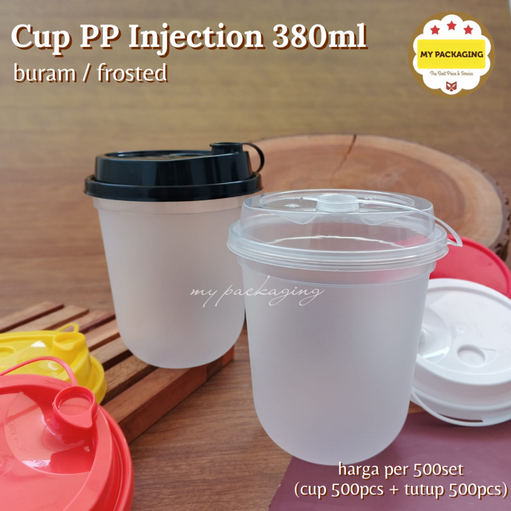 500 Buah Cup PP Injection OVAL 380ml / 12oz BURAM / FROSTED - Paket 500set Gelas Platik dan Tutup IN