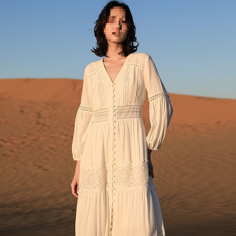 Autumn New Dress Vintage White Fairy Lace Long Dress Bali Beach Dress Vacation Beach Dress