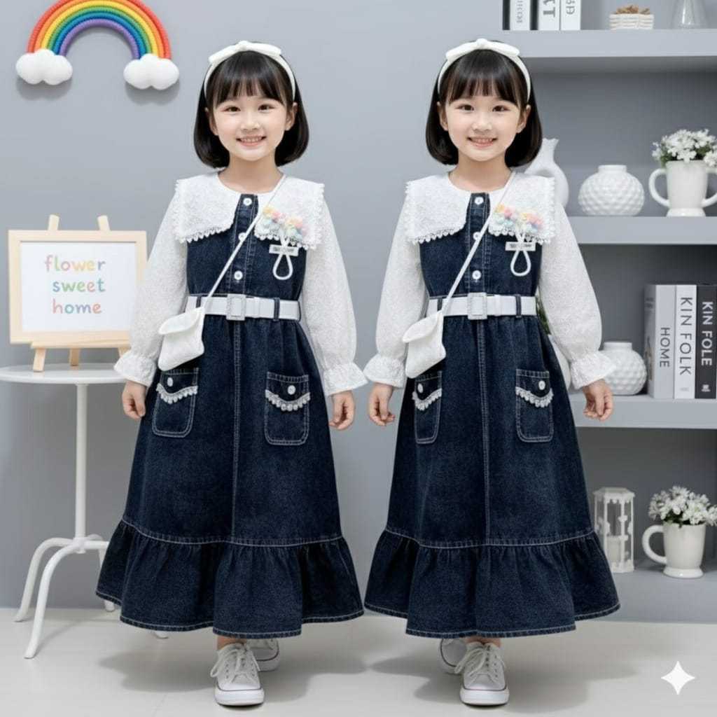fortune_93 Dress Gamis Anak Perempuan Denim Premium Free Tas, Gamis Viral Best Seller 3-10 Tahun
