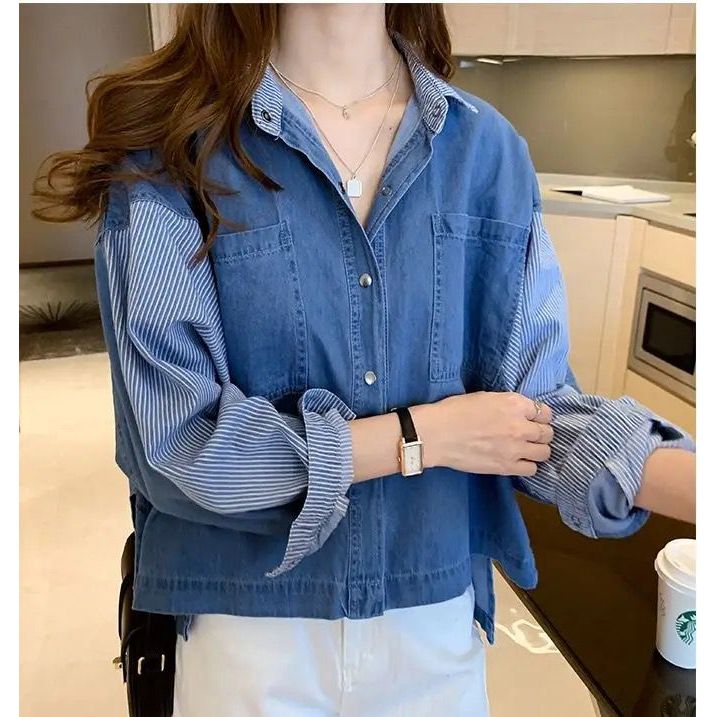KEMEJA JEANS DENIM  OVERSIZE ATASAN WANITA KOMBINASI SALUR / KEMEJA JEANS WANITA OVERSIZE