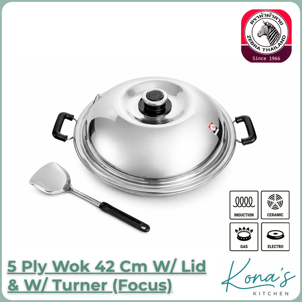 Zebra 5 Ply Wok 42 Cm W/Lid W/Turner (Focus) (176244) / Wok Stainless Zebra 42 Cm
