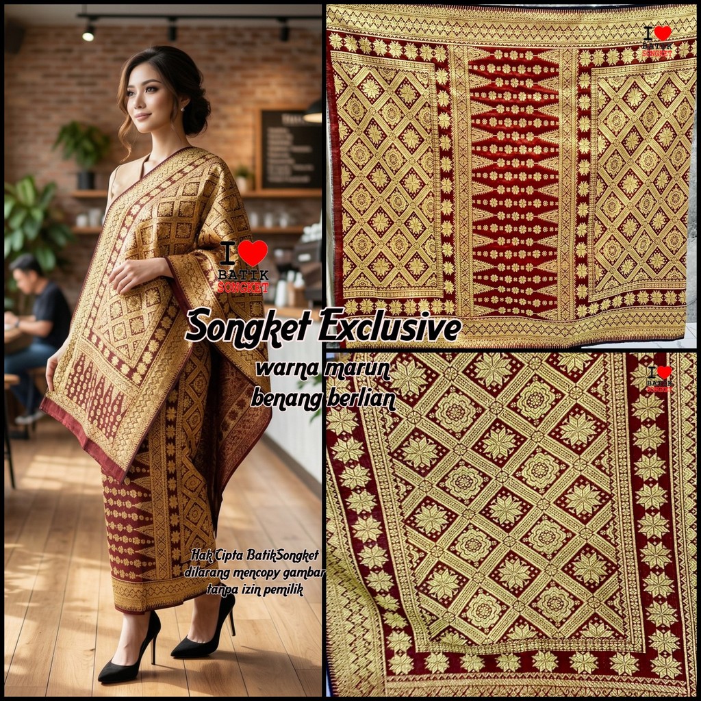 EDISI SPECIAL ! SONGKET PALEMBANG BERLIAN GRADE A TENUN ORI MARUN MERAH MARUN PENGANTIN MOTIF 3