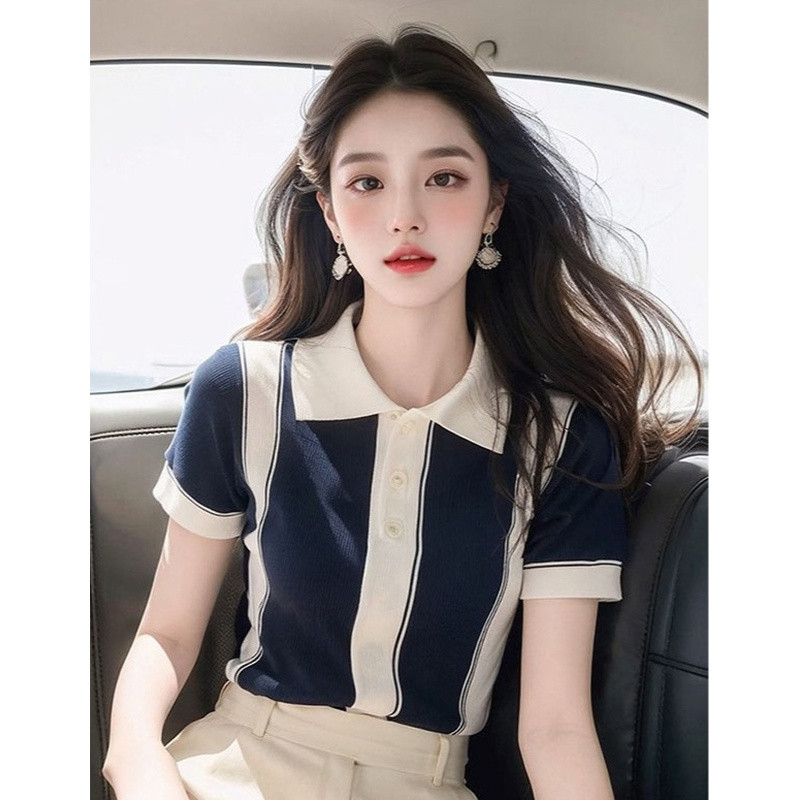 [CHIC HOUR] Baju rajutan wanita dengan garis-garis biru bergaris lengan pendek bergaris blus