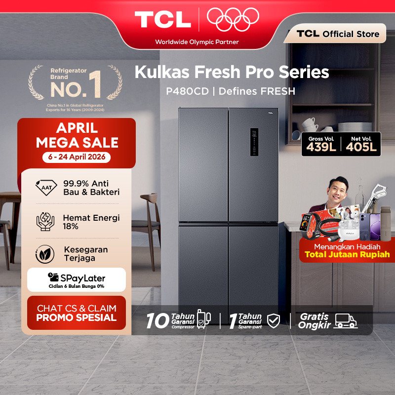 TCL Kulkas 4 Pintu - Kapasitas 439L - Big Capacity - Twin Eco Inverter - AAT Gen 2 Natural Eco Fresh