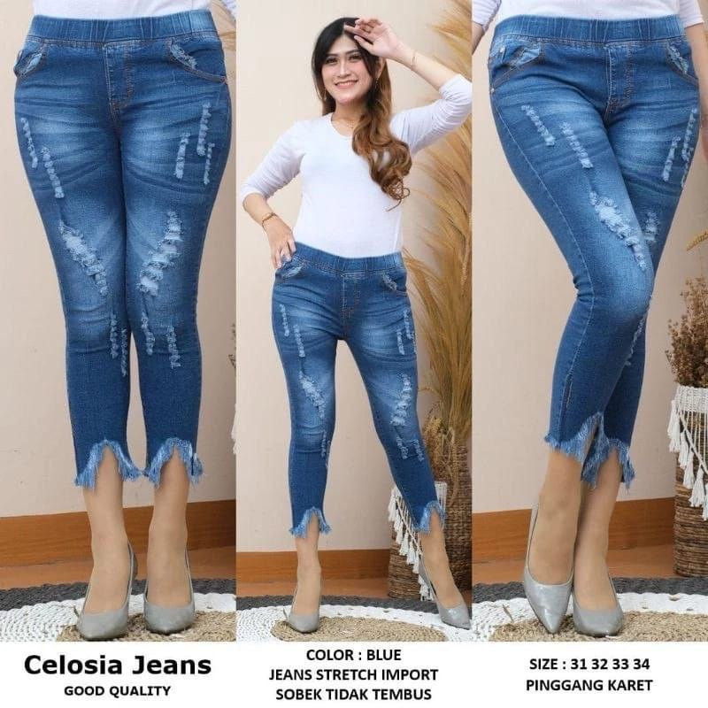 Terbaru 2026 Celana Jeans Celosia 7/9 Pinggang Karet Bahan Jeans Melar Size 27-38 Terbaru