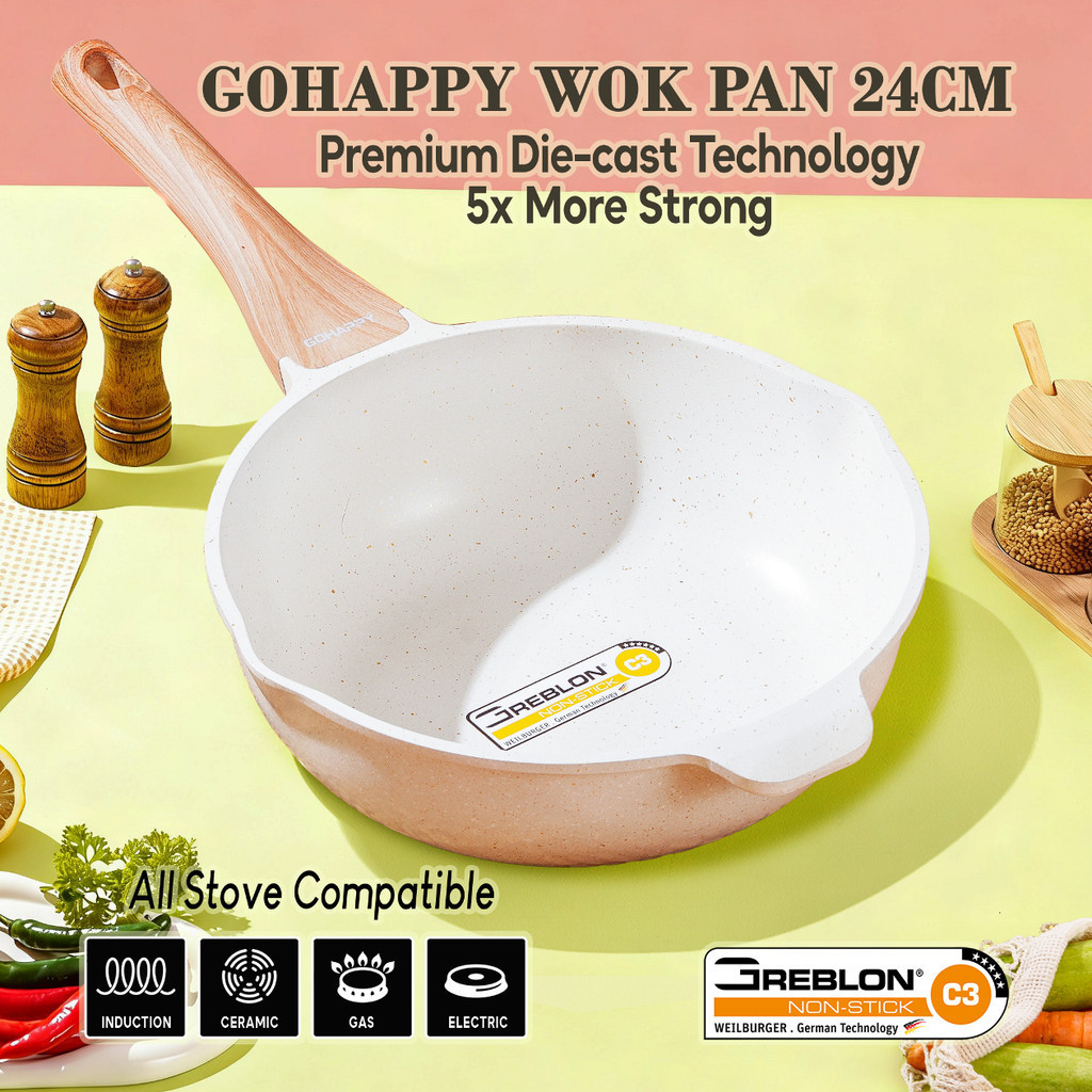 KUALI WOK PAN GOHAPPY GERMANY C3 greblon diecast anti lengket ALL STOVE granit PANCI PENGGORENGAN