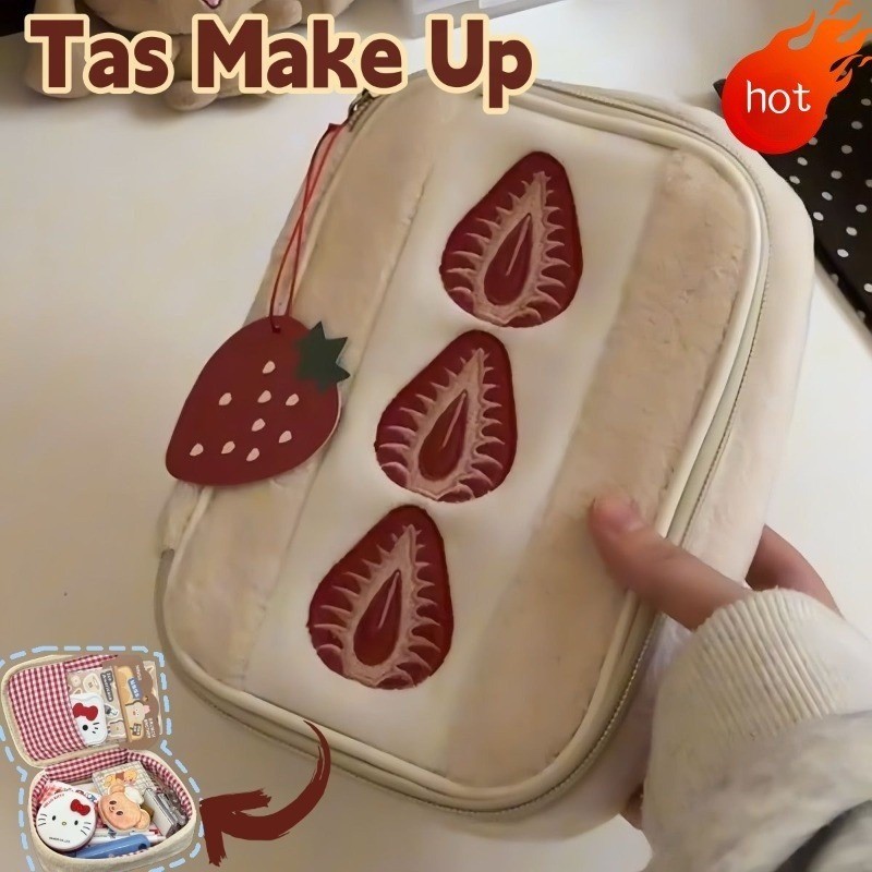 Tas Kosmetik Portabel Tas Organizer Serbaguna Travel Kosmetik Gambar Bordir Kue Stroberi Strawberry 