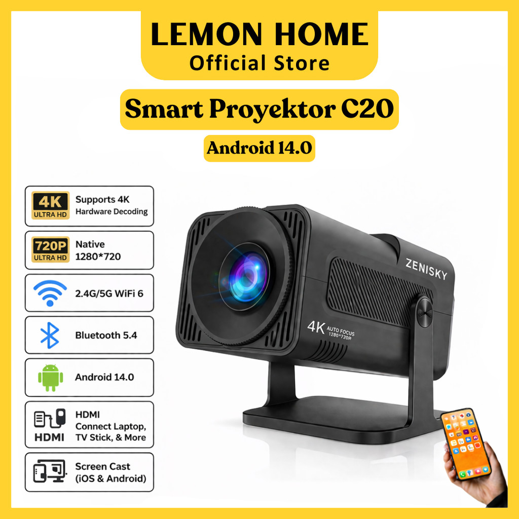 Lemon Home [Garansi 1 Tahun] Smart Proyektor C20 Hitam LCD - Android 14 - 720P 4K Full HD - Built-in