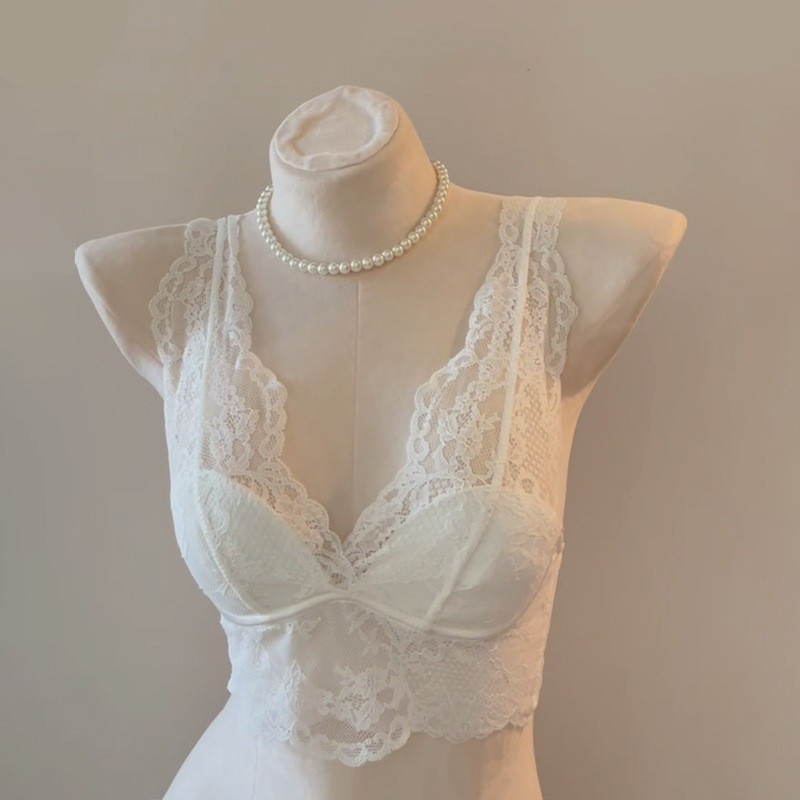 Gentle Trap COD  Bra renda Prancis, push-up, tanpa kawat, lingerie putih, kamisol berbusa, set bra d