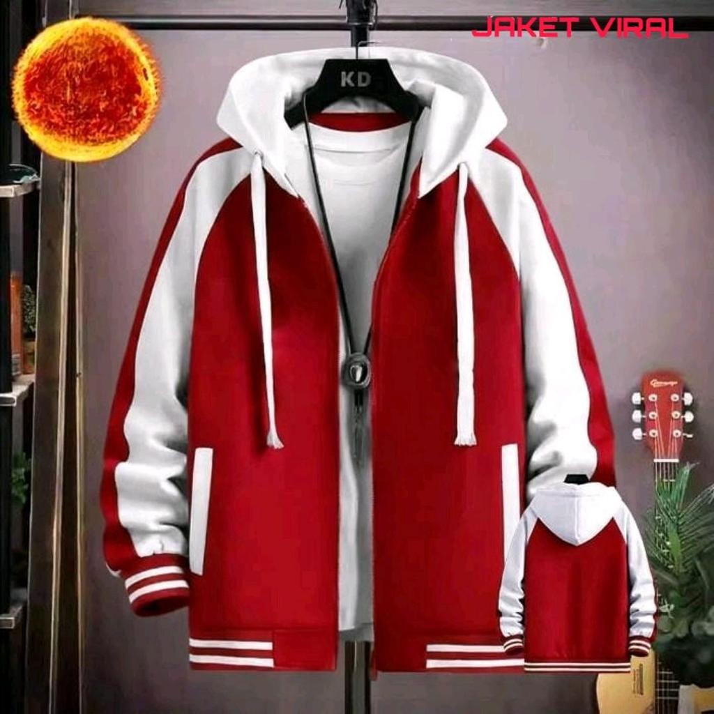 Hoodie Varsity Oversize M-6XL RAGLAN MERAH PUTIH Jaket Pria Jumbo Kain Fleece Tebal Lembut Nyaman