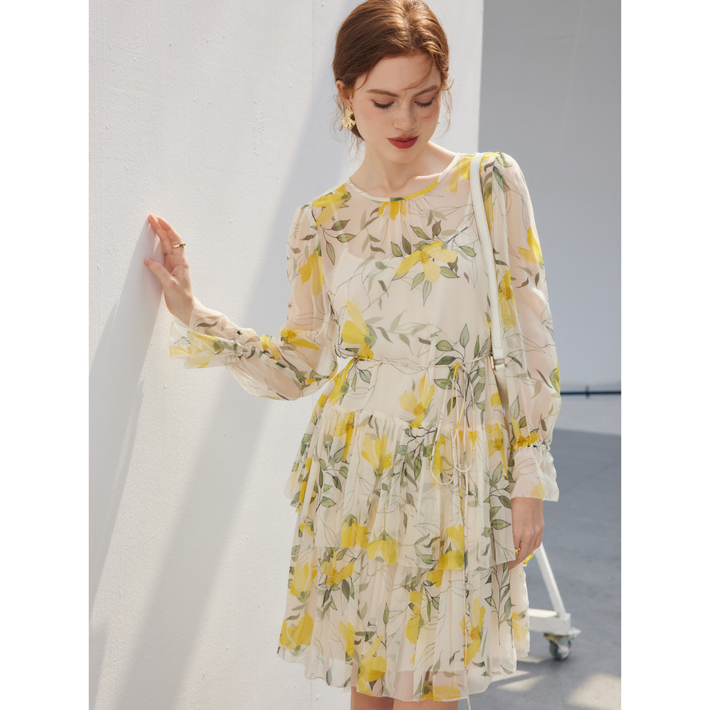 Silk Dress for Women New Style Georgette Floral French Style Youth Long Sleeve100%Mulberry Silk Dres