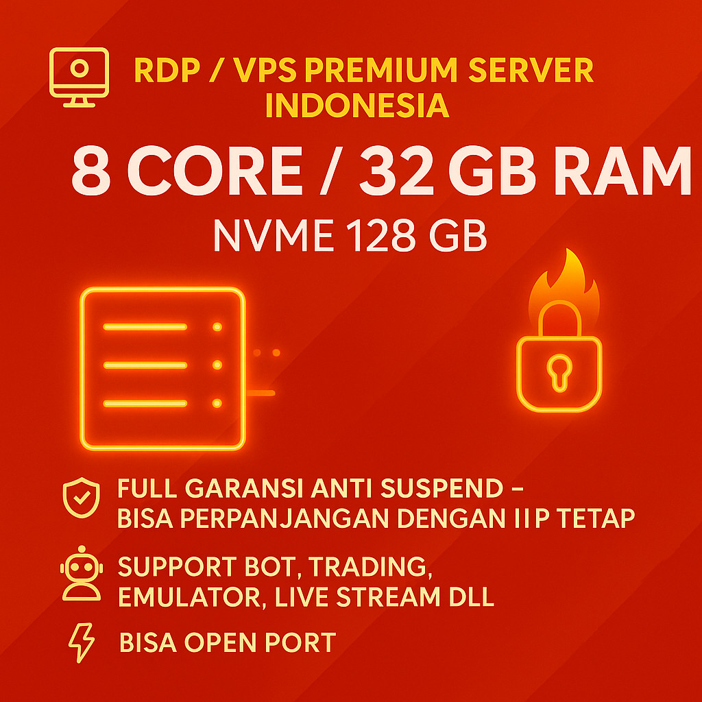 RDP / VPS Bulanan 8 Core Ram 32 GB Windows LINUX Full Admin Bergaransi RDP Legal Resmi Anti Suspend 
