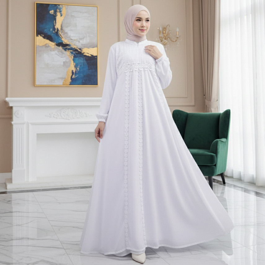 GANGSASHOP  GAMIS WANITA PUTIH BERSIH CERUTY BABYDOLL BISA UNTUK UMROH DAN HAJI